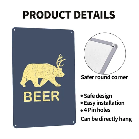 Funny Gym - Beer Bear Deer Vintage Heather Navy Metal Poster Wall Art Decor Sign