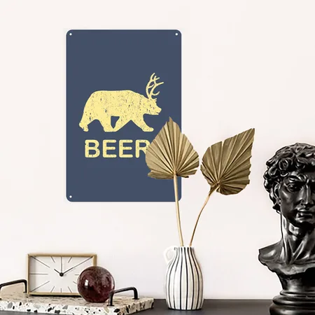 Funny Gym - Beer Bear Deer Vintage Heather Navy Metal Poster Wall Art Decor Sign