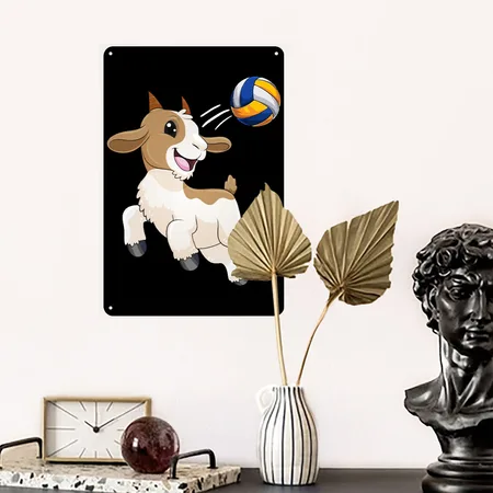 Goat Volleyball Goat Hitting Volleyball Black Metal Poster Wall Art Decor Sign