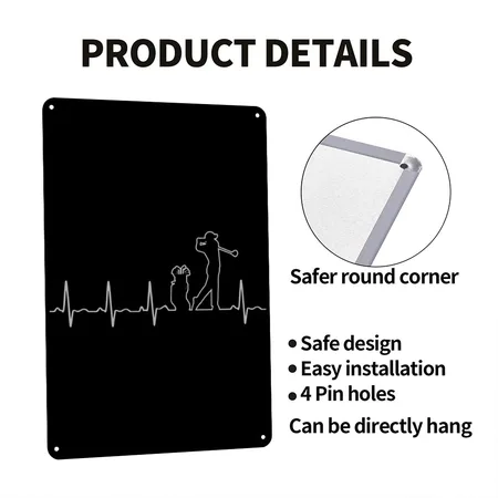 Golf Heartbeat Golfing Black/white Metal Poster Wall Art Decor Sign