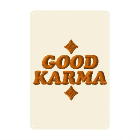 Good Karma Embroidered Faded Cream Metal Poster Wall Art Decor Sign