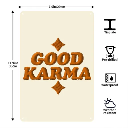 Good Karma Embroidered Faded Cream Metal Poster Wall Art Decor Sign
