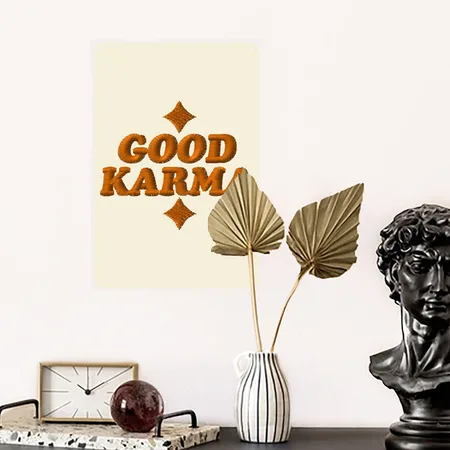 Good Karma Embroidered Faded Cream Metal Poster Wall Art Decor Sign