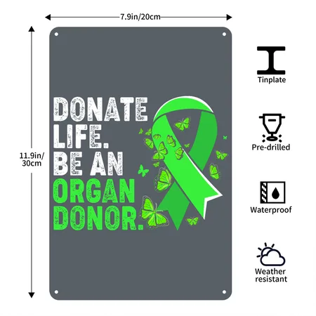 Green Ribbon Donate Life Be An Organ Donor Dark Heather Gray Metal Poster Wall Art Decor Sign