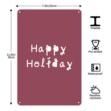 Happy Holiday Heather Burgundy Metal Poster Wall Art Decor Sign