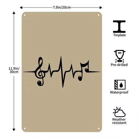 Heart Rate Pulse Music Note Clef Electro Classic Khaki Metal Poster Wall Art Decor Sign