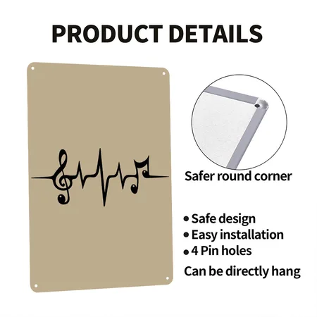 Heart Rate Pulse Music Note Clef Electro Classic Khaki Metal Poster Wall Art Decor Sign