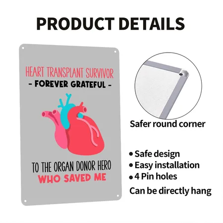 Heart Transplant Survivor Forever Grateful Heather Grey Metal Poster Wall Art Decor Sign