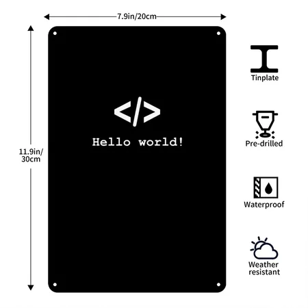 Hello World Developer Programmer Black Metal Poster Wall Art Decor Sign