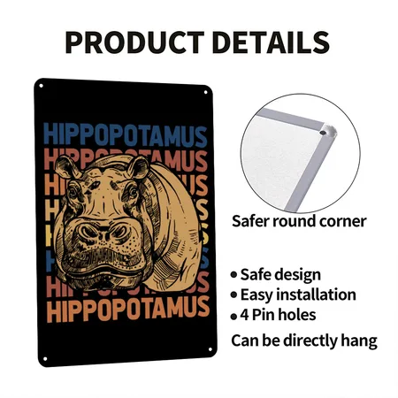 Hippo Black Metal Poster Wall Art Decor Sign