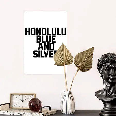 Honolulu Blue & Silver White Metal Poster Wall Art Decor Sign