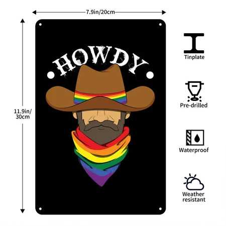 Howdy Cowboy Gay Black Metal Poster Wall Art Decor Sign