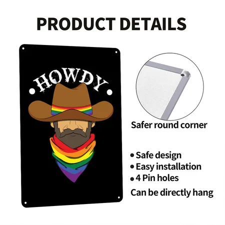 Howdy Cowboy Gay Black Metal Poster Wall Art Decor Sign