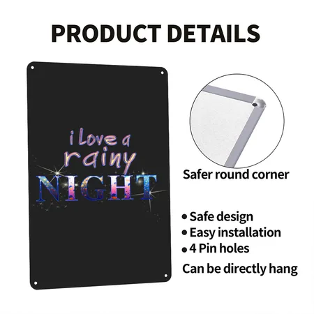 I Love A Rainy Night - Evening, Rain, Darkness Black/heather Gray Metal Poster Wall Art Decor Sign