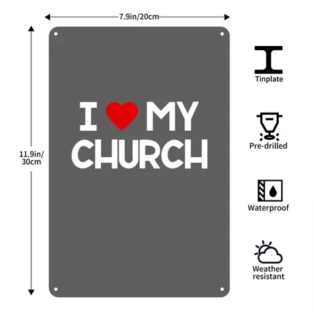 I Love My Church, Heart, Bible, Christian, Charcoal Grey Metal Poster Wall Art Decor Sign