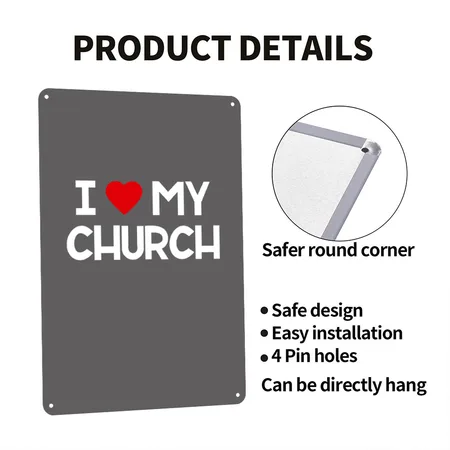 I Love My Church, Heart, Bible, Christian, Charcoal Grey Metal Poster Wall Art Decor Sign