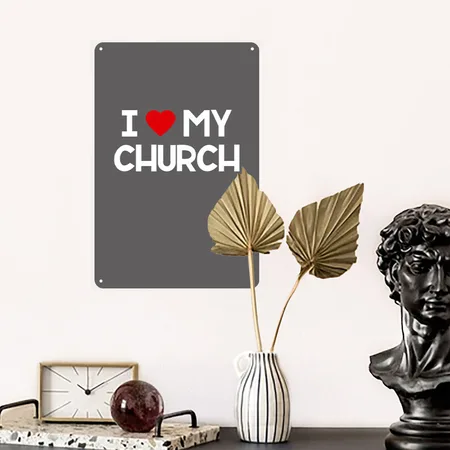 I Love My Church, Heart, Bible, Christian, Charcoal Grey Metal Poster Wall Art Decor Sign