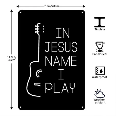 In Jesus Name I Play Music Christian Guitarist Black Metal Poster Wall Art Decor Sign