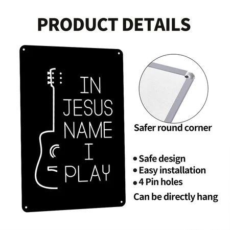 In Jesus Name I Play Music Christian Guitarist Black Metal Poster Wall Art Decor Sign