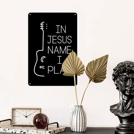In Jesus Name I Play Music Christian Guitarist Black Metal Poster Wall Art Decor Sign
