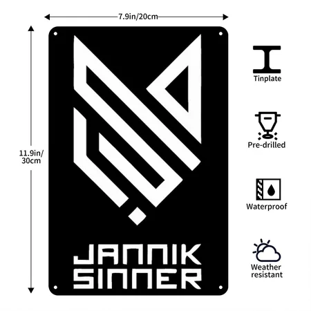 JANNIK SINNER Black Metal Poster Wall Art Decor Sign