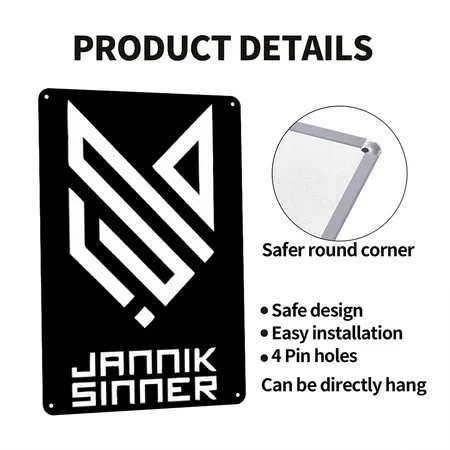 JANNIK SINNER Black Metal Poster Wall Art Decor Sign