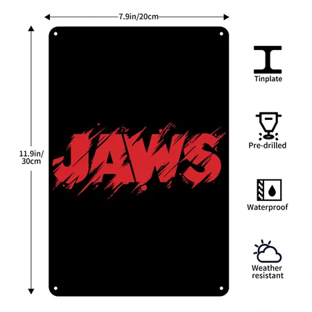 Jaws Distressed Red Logo Black Metal Poster Wall Art Decor Sign