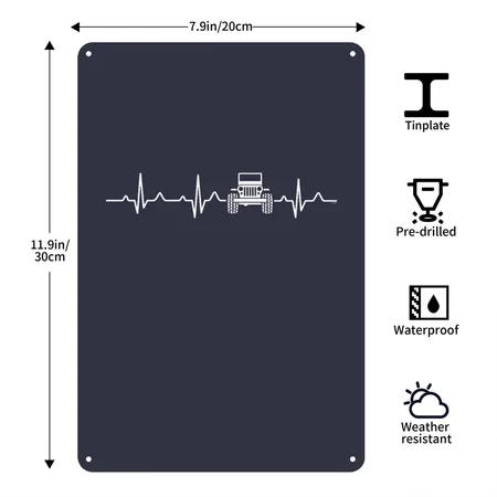 Jeep Heartbeat Navy/heather Gray Metal Poster Wall Art Decor Sign