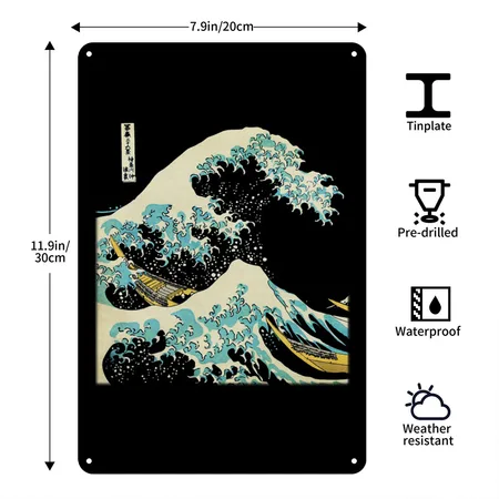 Kanagawa Japanese The Great Wave Black Metal Poster Wall Art Decor Sign