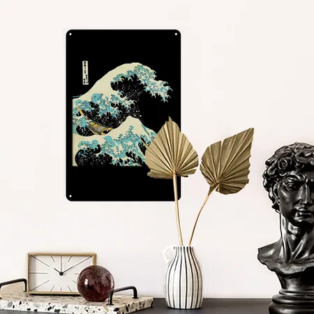 Kanagawa Japanese The Great Wave Black Metal Poster Wall Art Decor Sign