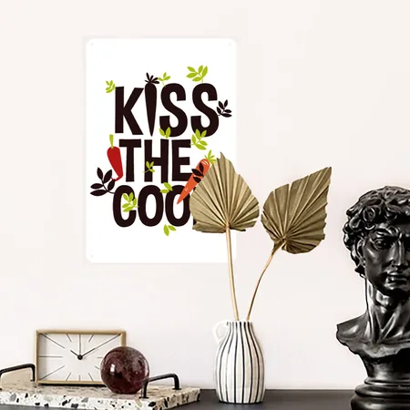 Kiss The Cook White/cobalt Blue Metal Poster Wall Art Decor Sign