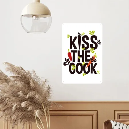 Kiss The Cook White/cobalt Blue Metal Poster Wall Art Decor Sign