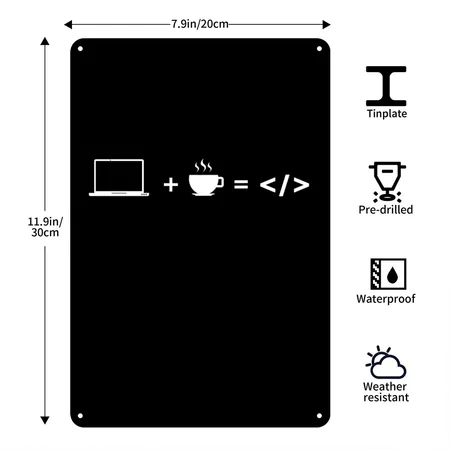 Laptop And Coffee Equals To Code Programmer Black Metal Poster Wall Art Decor Sign