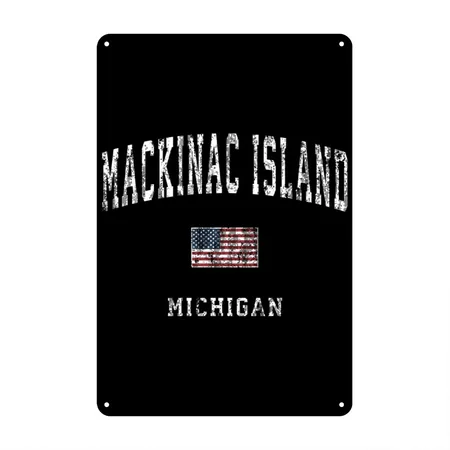 Mackinac Island Michigan MI Vintage American Flag Black Metal Poster Wall Art Decor Sign
