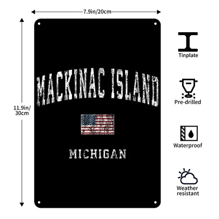 Mackinac Island Michigan MI Vintage American Flag Black Metal Poster Wall Art Decor Sign