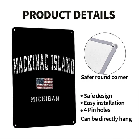 Mackinac Island Michigan MI Vintage American Flag Black Metal Poster Wall Art Decor Sign