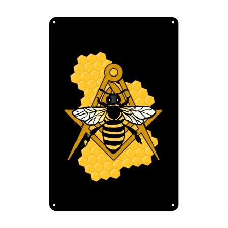Masonic Emblem With Bee And Beehive Black Metal Poster Wall Art Decor Sign