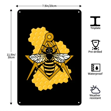 Masonic Emblem With Bee And Beehive Black Metal Poster Wall Art Decor Sign