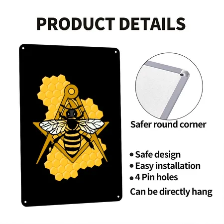 Masonic Emblem With Bee And Beehive Black Metal Poster Wall Art Decor Sign