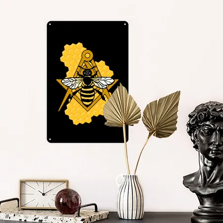 Masonic Emblem With Bee And Beehive Black Metal Poster Wall Art Decor Sign