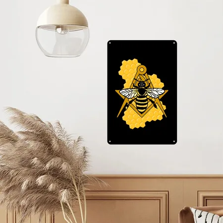 Masonic Emblem With Bee And Beehive Black Metal Poster Wall Art Decor Sign
