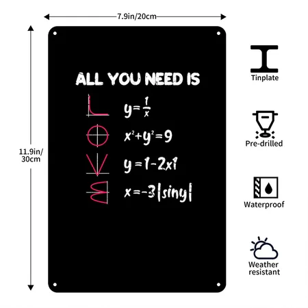 Math All You Need Is Love Black Metal Poster Wall Art Decor Sign