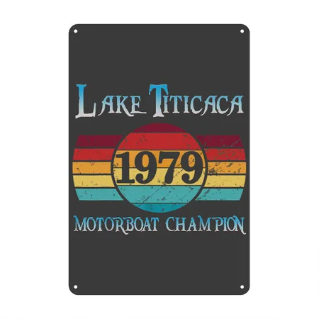 Mens Lake Titicaca 1979 Motorboat Champion Heather Black Metal Poster Wall Art Decor Sign