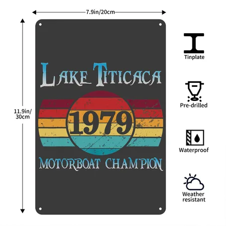 Mens Lake Titicaca 1979 Motorboat Champion Heather Black Metal Poster Wall Art Decor Sign