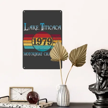 Mens Lake Titicaca 1979 Motorboat Champion Heather Black Metal Poster Wall Art Decor Sign