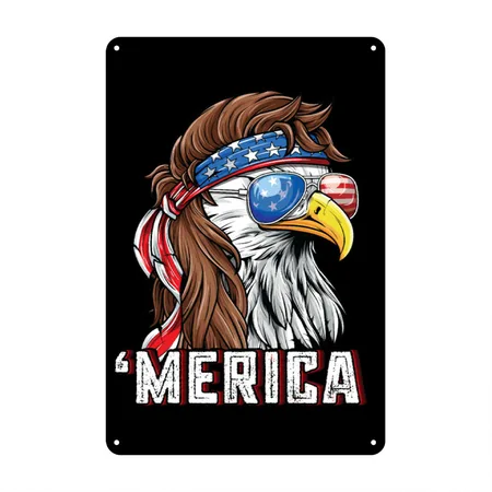 Merica USA Flag Patriotic 4th Of July Bald Eagle Black/white Metal Poster Wall Art Decor Sign