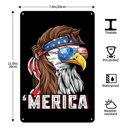 Merica USA Flag Patriotic 4th Of July Bald Eagle Black/white Metal Poster Wall Art Decor Sign