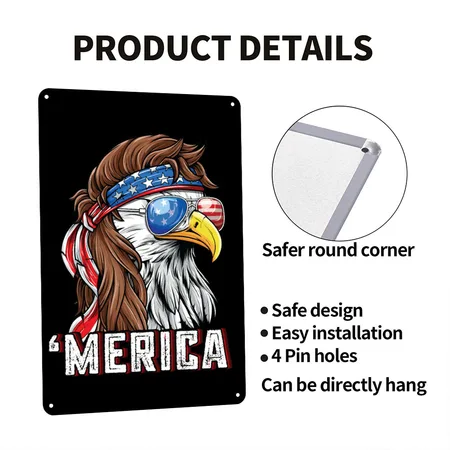 Merica USA Flag Patriotic 4th Of July Bald Eagle Black/white Metal Poster Wall Art Decor Sign