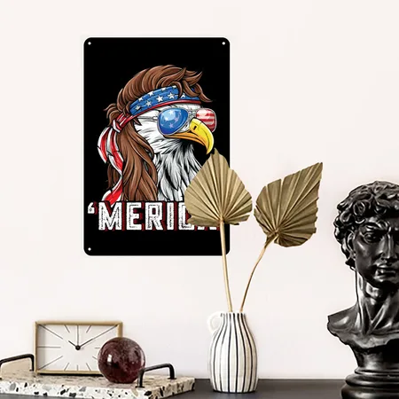 Merica USA Flag Patriotic 4th Of July Bald Eagle Black/white Metal Poster Wall Art Decor Sign