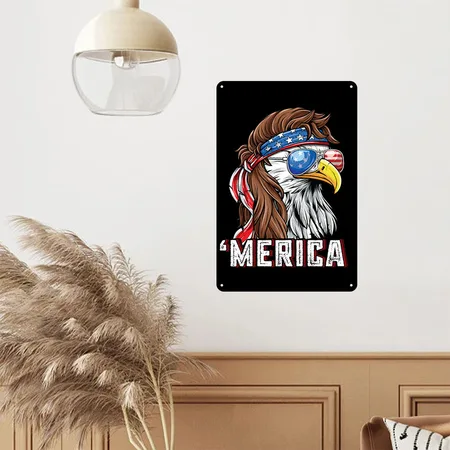 Merica USA Flag Patriotic 4th Of July Bald Eagle Black/white Metal Poster Wall Art Decor Sign